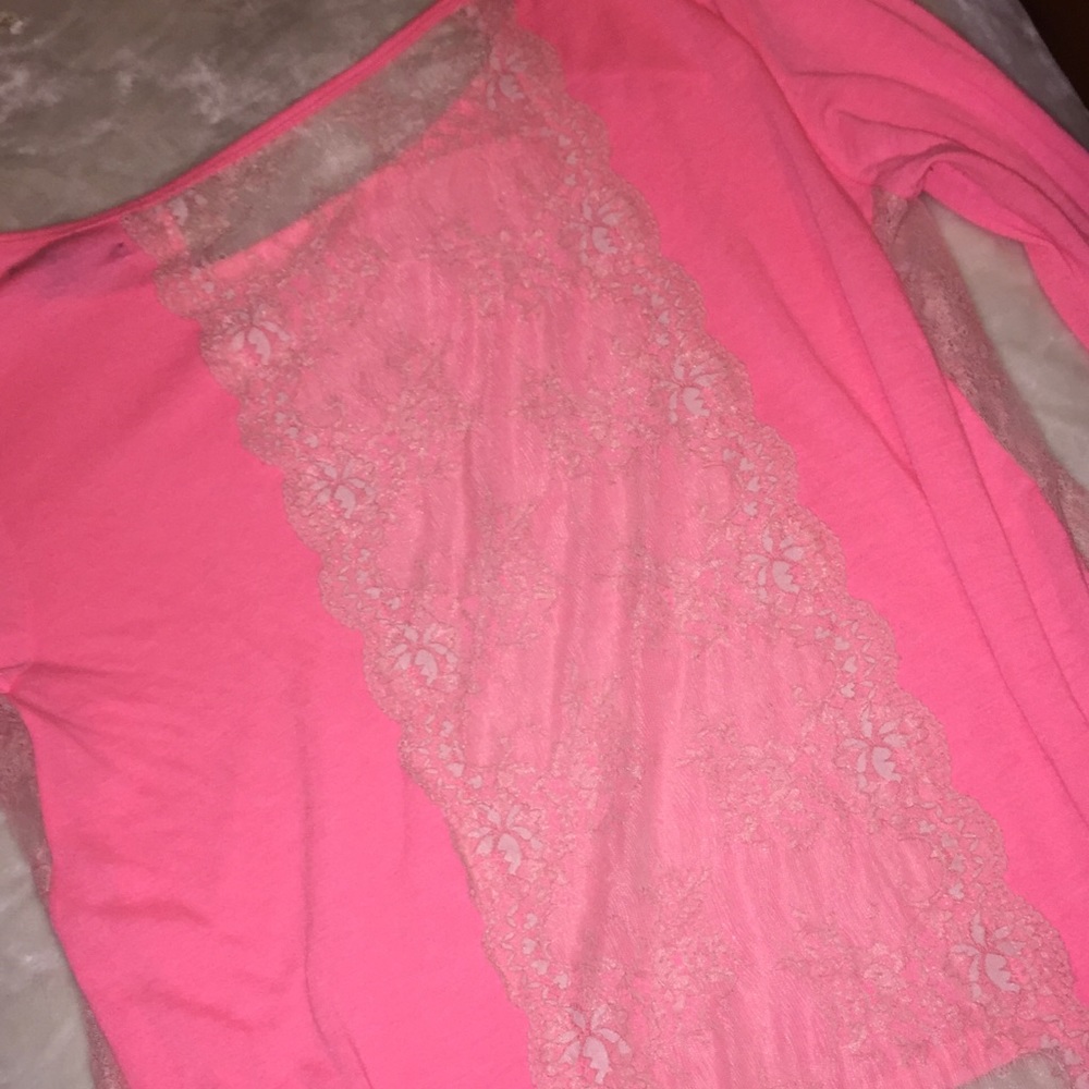 AEO Pink Long sleeved top with lace accents